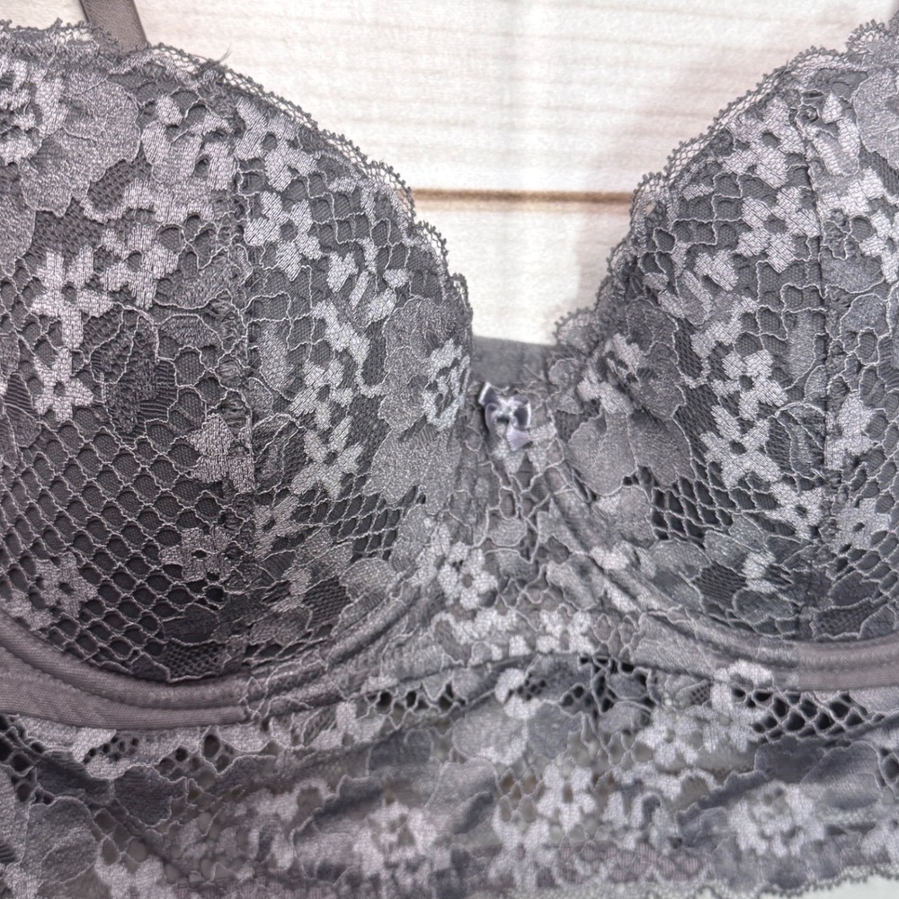 Adore Me Blue Gray Lace Longline Underwire Bra 36D Floral Bustier Style - Picture 3 of 7